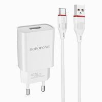 Сетевое зарядное устройство USB Borofone BA20A (2.1A/кабель Type-C) <белый> ― Оптовый PromiseMobile