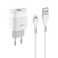 Сетевое зарядное устройство USB Hoco C73A (2.4A/2 порта/кабель Lightning) <белый> ― Оптовый PromiseMobile